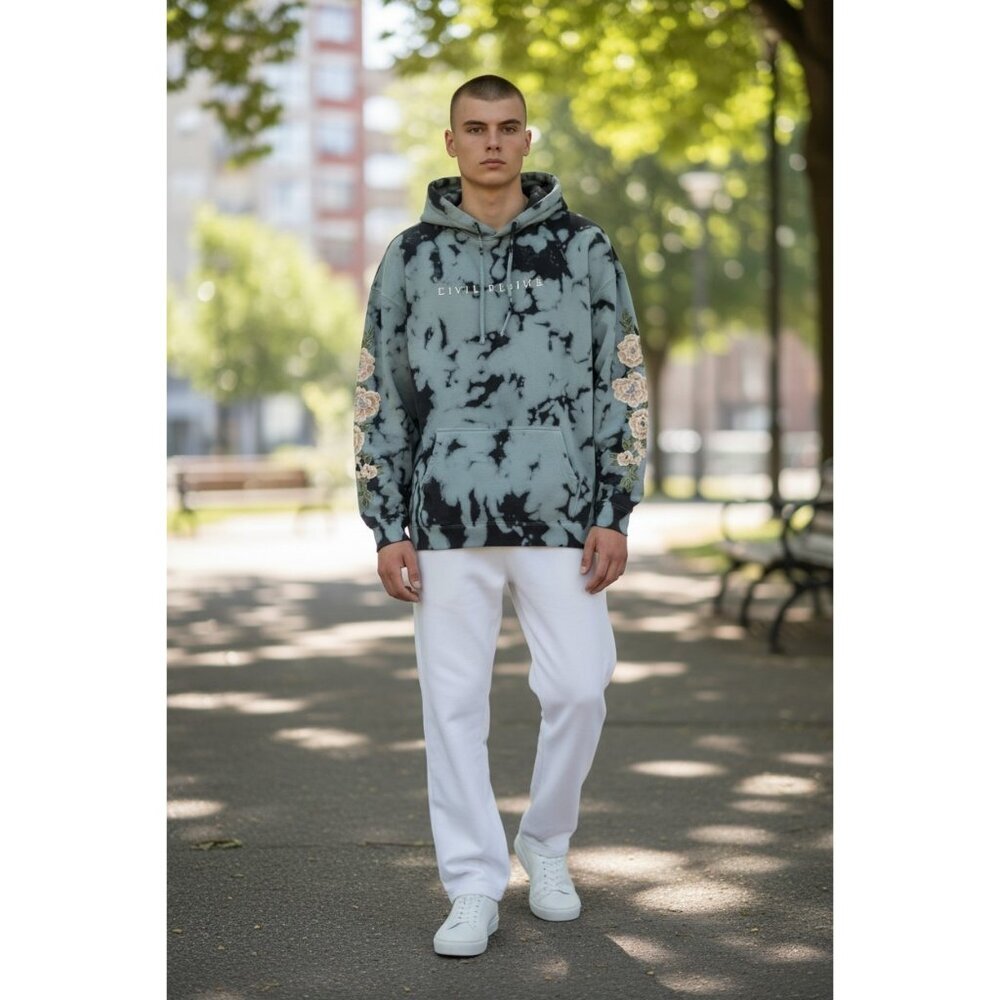 Civil Regime Tie Dye Hoodie Men’s L Blue Black Floral Embroidered Pullover